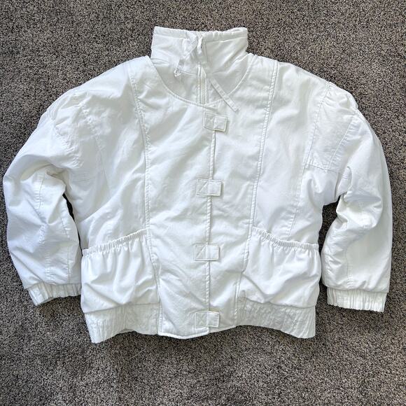 Vintage 80s Puffer Bomber Jacket White High Neck Oversized Minimalist Winter LG - Picture 1 of 13
